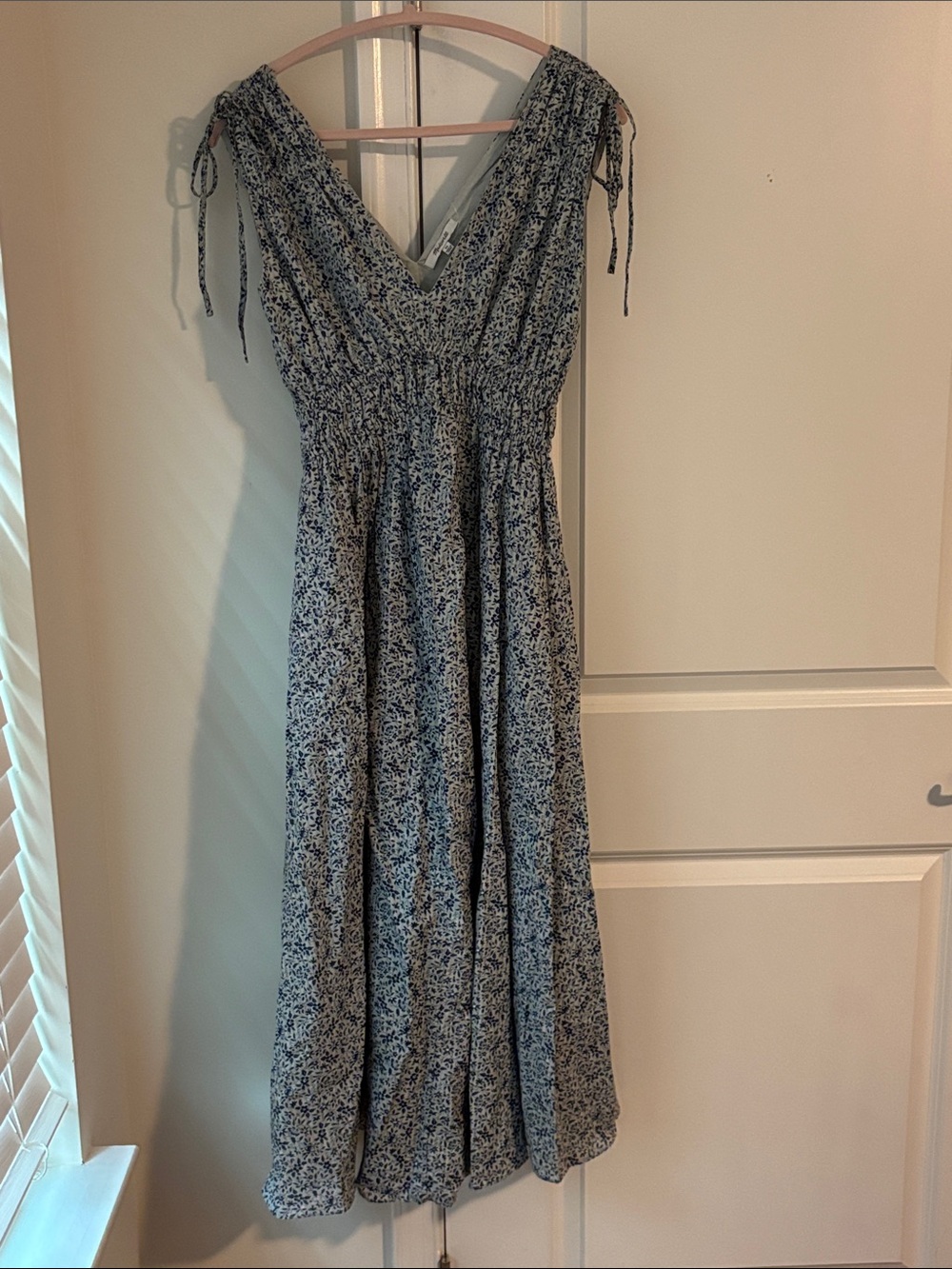Madewell Blue Floral Tie-Shoulder Smocked Maxi Dress